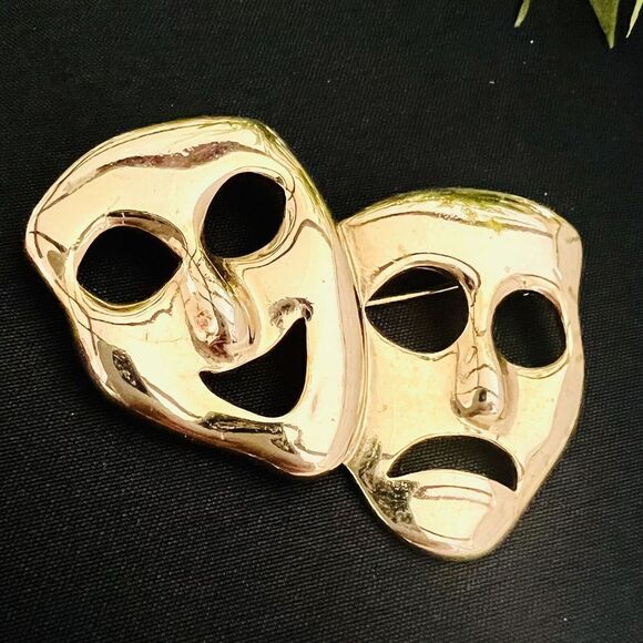 Vintage Comedy Tragedy Theater Face Mask Shiny Gold Tone Pin Drama Brooch 4326 - Picture 4 of 9